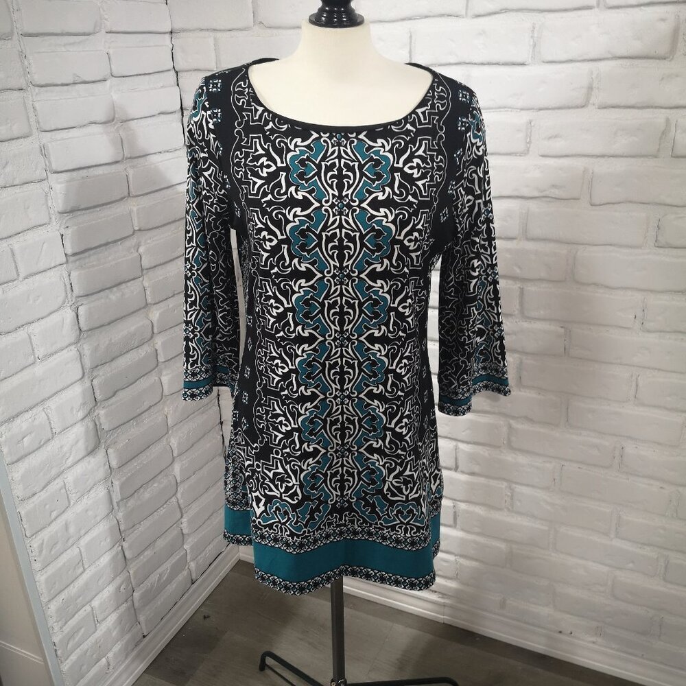 White House/Black Market Ladies Size Large Black Wht Teal Patterned Tunic Dress